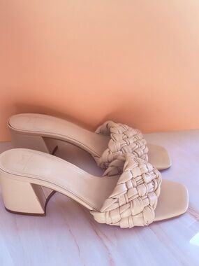 Marc Fisher Braided Block Heel Mules in Cream.